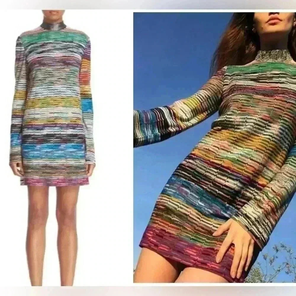 MISSONI Knit Mini Dress 42 S Silk Mock Neck Striped Short Long Sleeve Sweater